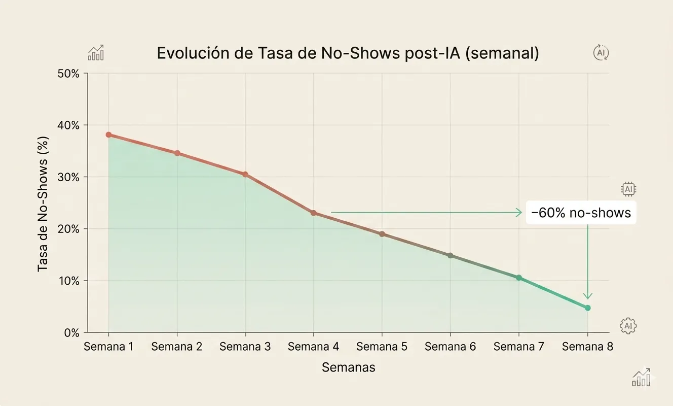 Panel mostrando la caída de no-shows tras activar el agente de WhatsApp del restaurante