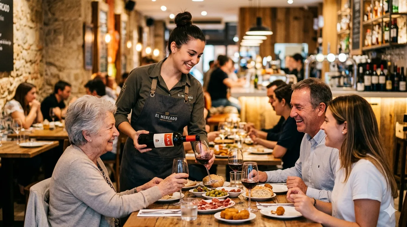 Camarera atendiendo clientes en restaurante — equipo libre de papeleo gracias a la facturación automática de mesaking