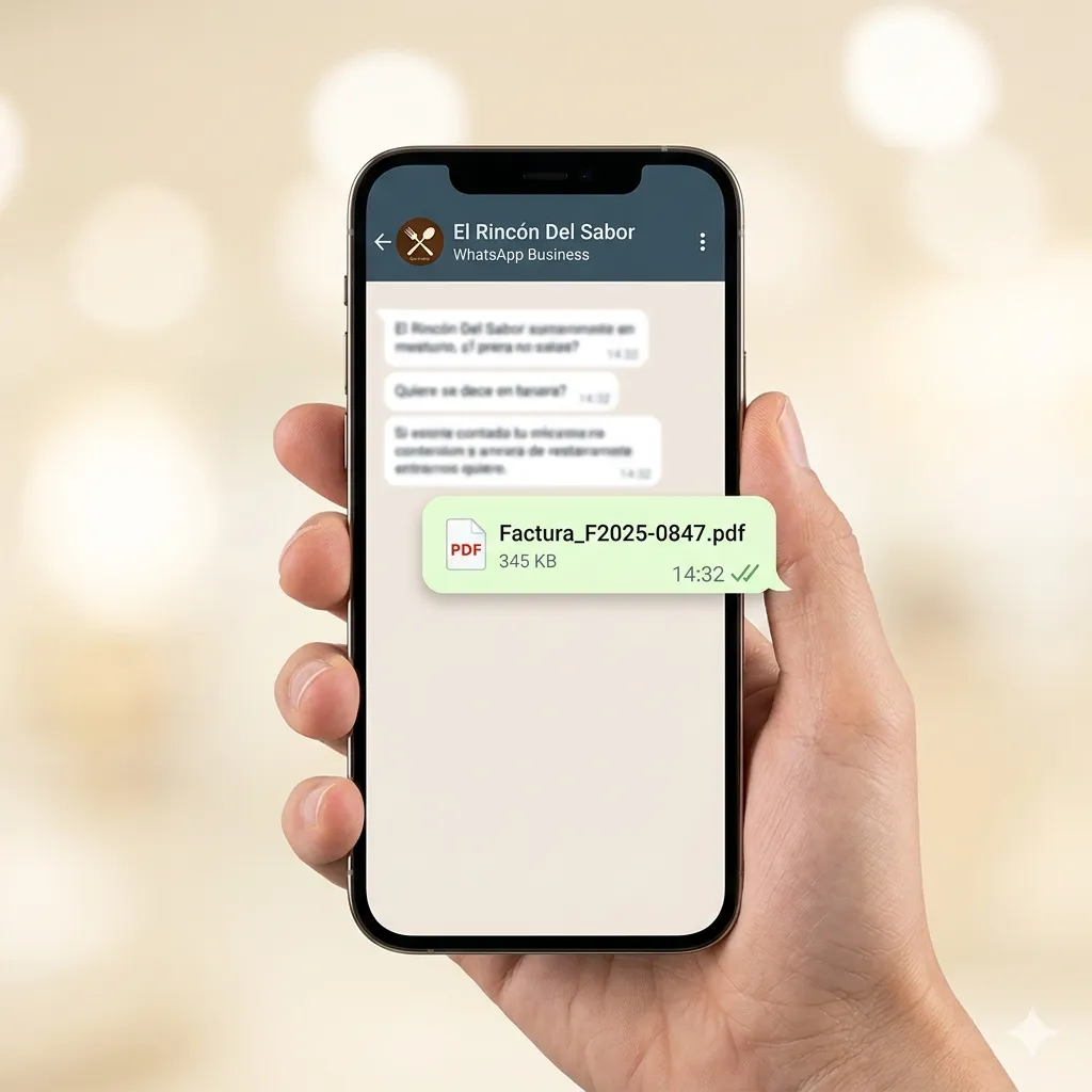 Mano sosteniendo móvil con conversación WhatsApp mostrando factura PDF generada automáticamente por mesaking