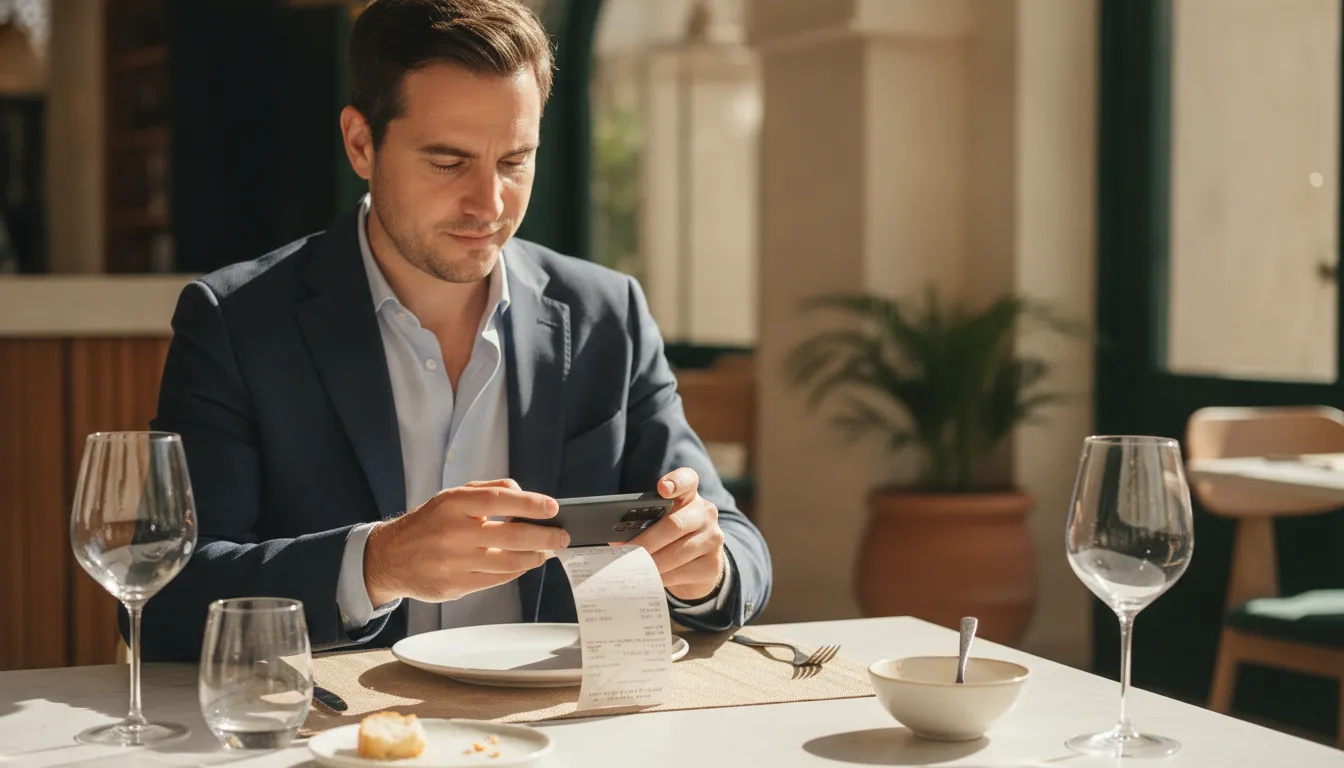Cliente en restaurante fotografiando su ticket con el móvil para generar factura automática por WhatsApp