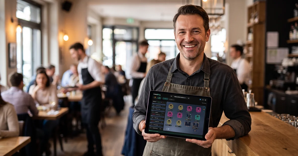 Encargado sonriente en su restaurante mostrando en una tablet el panel de reservas de Booky con el plano de mesas