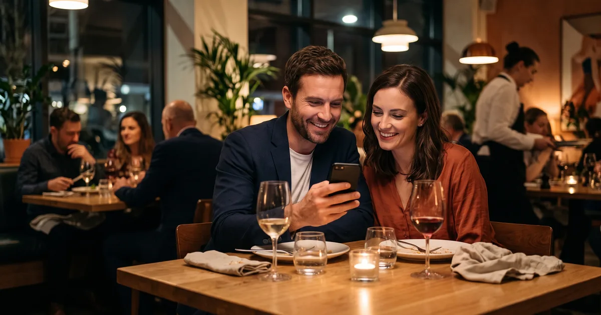 Pareja sonriente respondiendo a un mensaje de WhatsApp en el móvil tras cenar en un restaurante, con copas de vino y una vela sobre la mesa