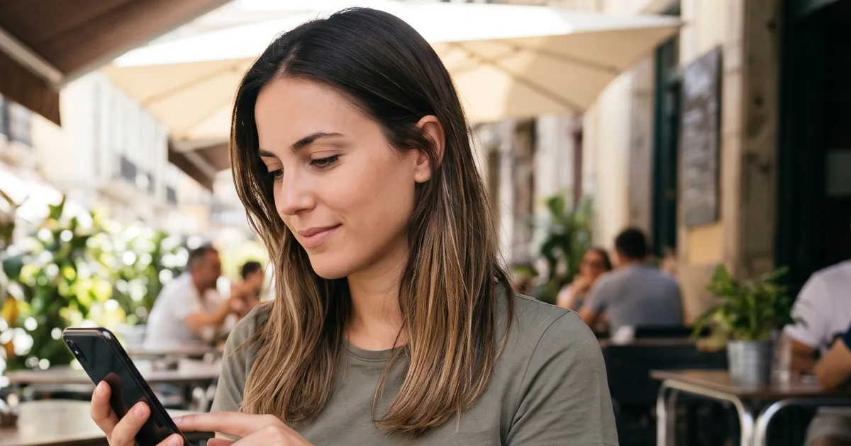 Mujer joven mirando el móvil en la terraza de un bar urbano, con clientes al fondo