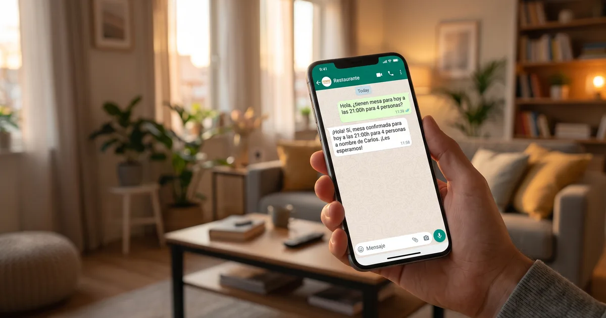 Mano sosteniendo un móvil con una conversación de WhatsApp en la que un restaurante confirma una mesa para 4 personas a las 21:00