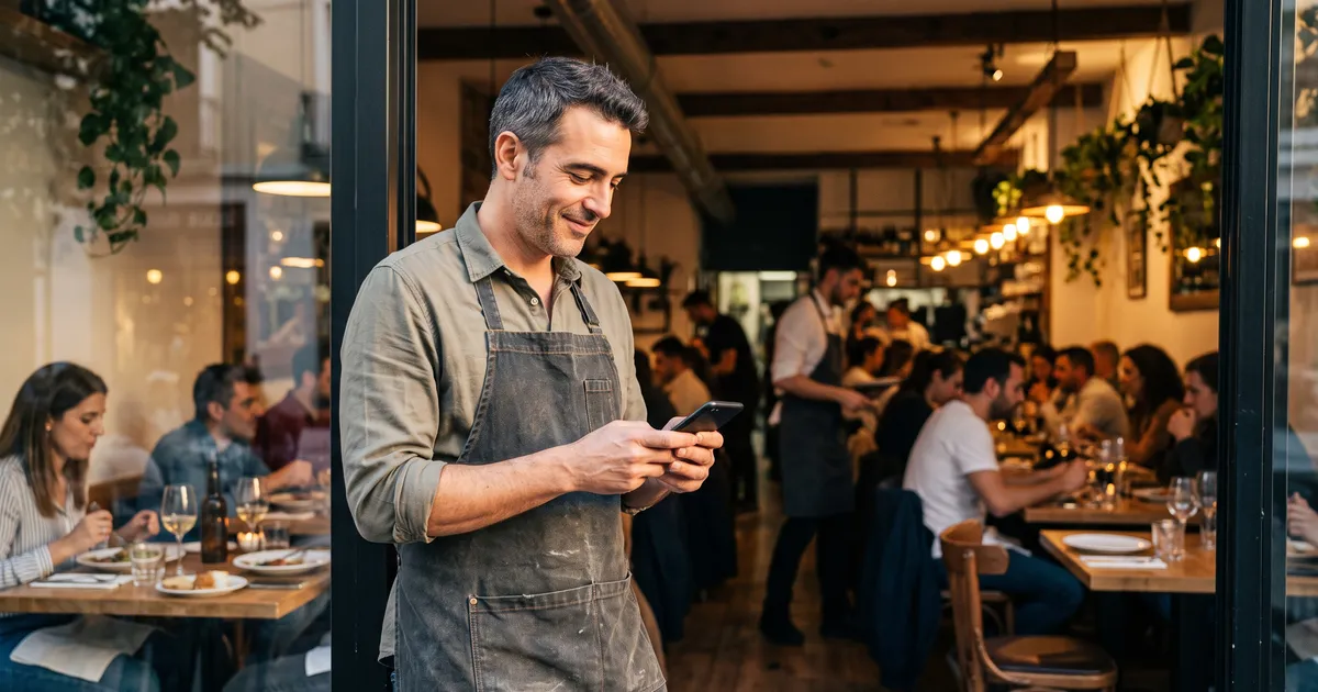 Hostelero con delantal consultando las reservas por WhatsApp en el móvil, con su restaurante lleno de clientes al fondo